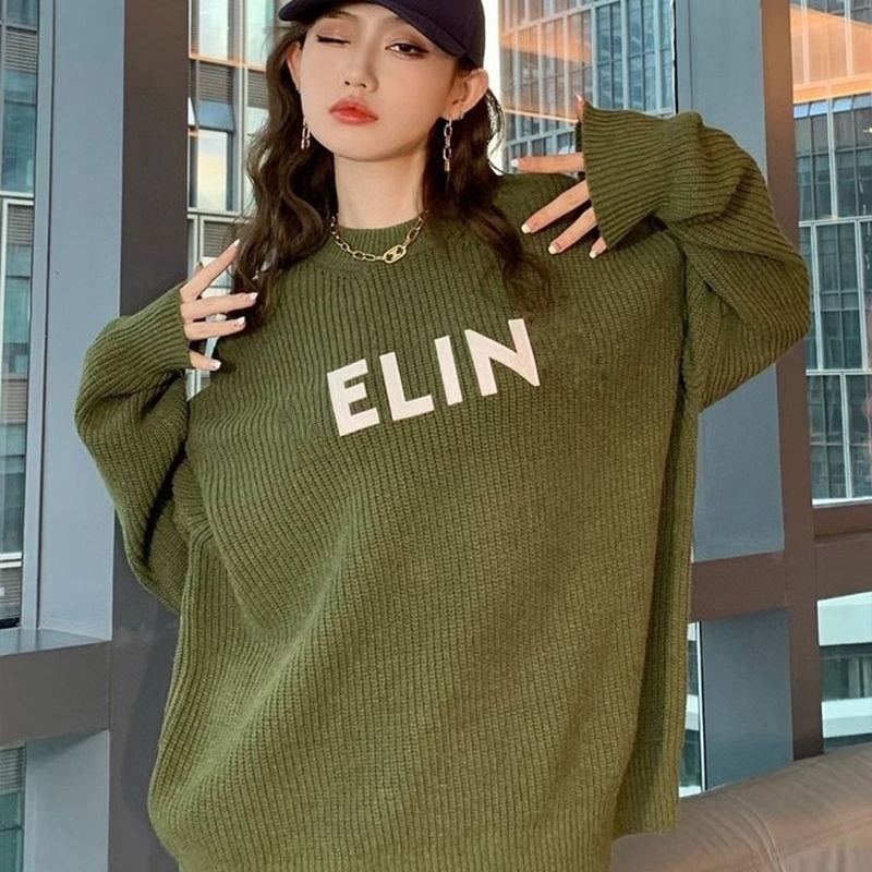 

Women s Sweaters Lazy letter round neck sweater olive green female loose knit trendy brand autumn and winter fashion 230213, Army green