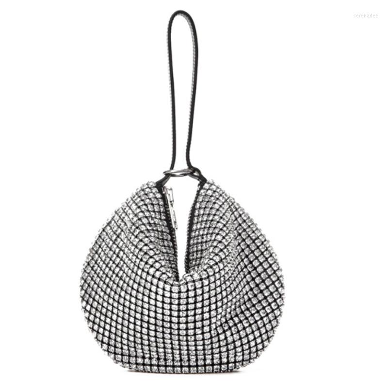 

Evening Bags Luxury Rhinestone Bucket Shape Crossbody Party Clutches Storage Totes Shining Shoulder Bag Chain Handbag, Silver