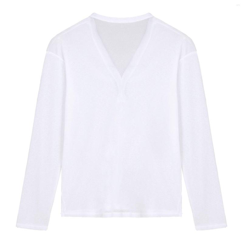 

Men's T Shirts Fashion Mens Casual V Neck Shirt Button Males Sexy See-Through Long Sleeve T-shirt Solid Color Slim Fit Tops Spring Summer, White
