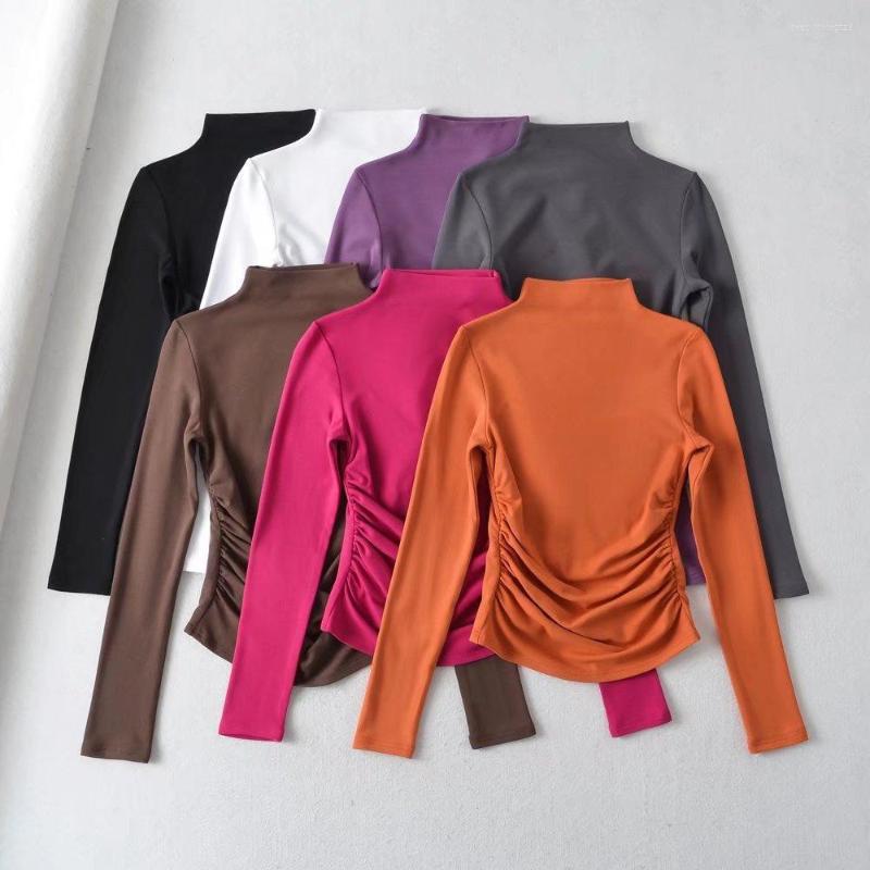 

Women' T Shirts 2023 Women' Tight Half High Neck T-shirt European And American Style Pleated Waist Bottoming Shirt, Orange