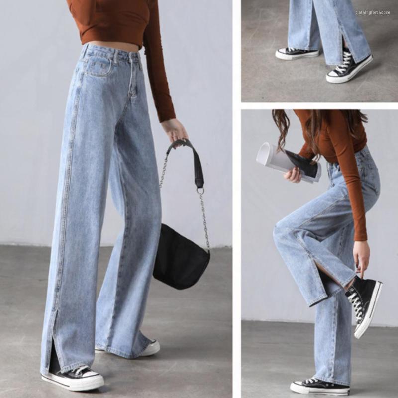 

Women's Jeans Woman High Waist Y2k Wide Leg Pants Streetwear Light Blue Denim Trousers Vintage Split Flare Korean Pantalon Femme