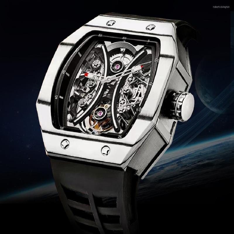 

Wristwatches AESOP RICHA Square Carbon Fiber Bezel Men Mechanical Flying Tourbillon Watch Skeleton Luminous Clock Watches, Silver