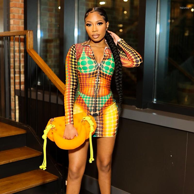 

Casual Dresses 3D Body Printed Polka Dots Mini Dress 2023 Spring Women Sexy Front Zipper Long Sleeve Skinny Night Clubwear Party Outfits, Mixed color