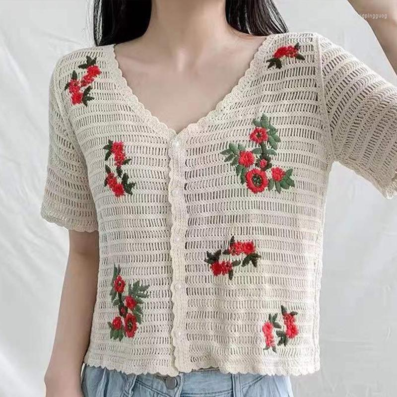 

Women's T Shirts Women Short Sleeve Crochet Cardigan Button Floral Embroidery Sweater Crop Top, White