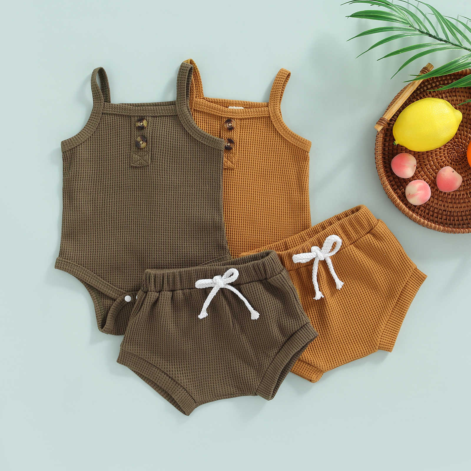 

Clothing Sets Fashion Casual New Baby Boys Girls Clothes Set Solid Cotton Waffle Sleeveless Button JumpsuitShorts PCS Kids Summer Sling Suit, Army green