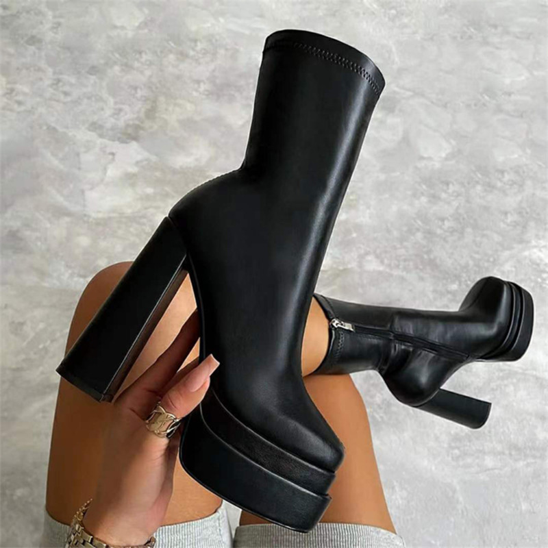 2022 women's boots European and American autumn and winter new brand thick high heel thick bottom fashionable square head side zipper short boo
