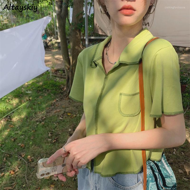 

Women' T Shirts Turn-down Collar Short Sleeve Tshirt Women Friends Trends Single Breasted Solid T-shirt Girl Casual All-match Summer, Green