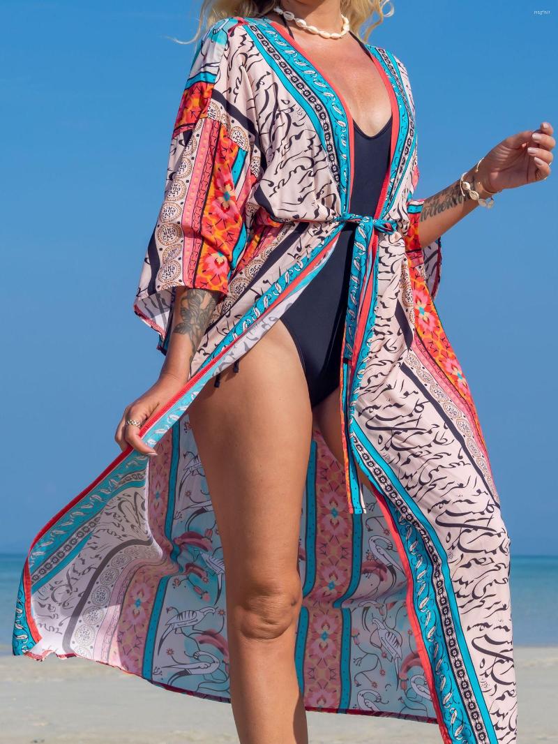 

Women's Swimwear Summer Beach Wear Rayon Cotton Cover Ups Belt Bohemian Robes Streetwear Women Kimono Oversized Up Bikini Sexy Robe, White