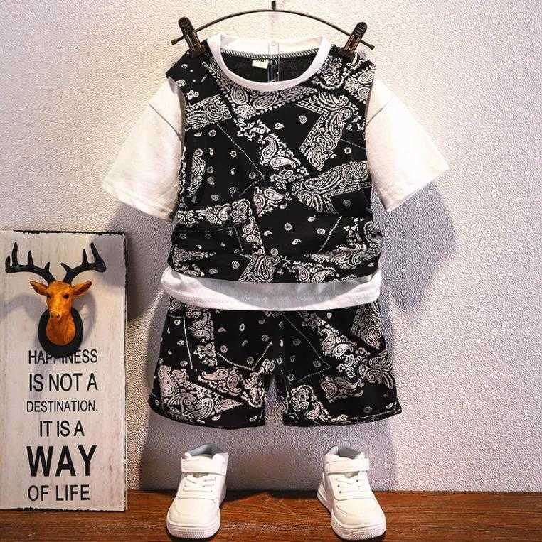 

s Toddler Y Summer Children's Pure Cotton Baby False Two Pieces TShirt Shorts piece Boy's Clothing Set, Black