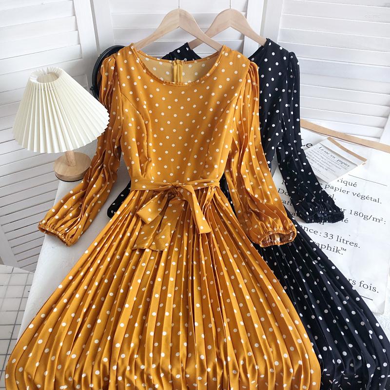 

Casual Dresses Spring Summer Holiday All-Match Round Neck Polka Dot Print Long Sleeve Waist Slimming Pleated Dress Women, Black