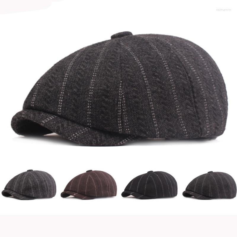 

Berets HT2898 Women Men Beret Vintage Striped Octagonal Sboy Cap Artist Painter Hat Wool Gastby Ivy Flat, Black