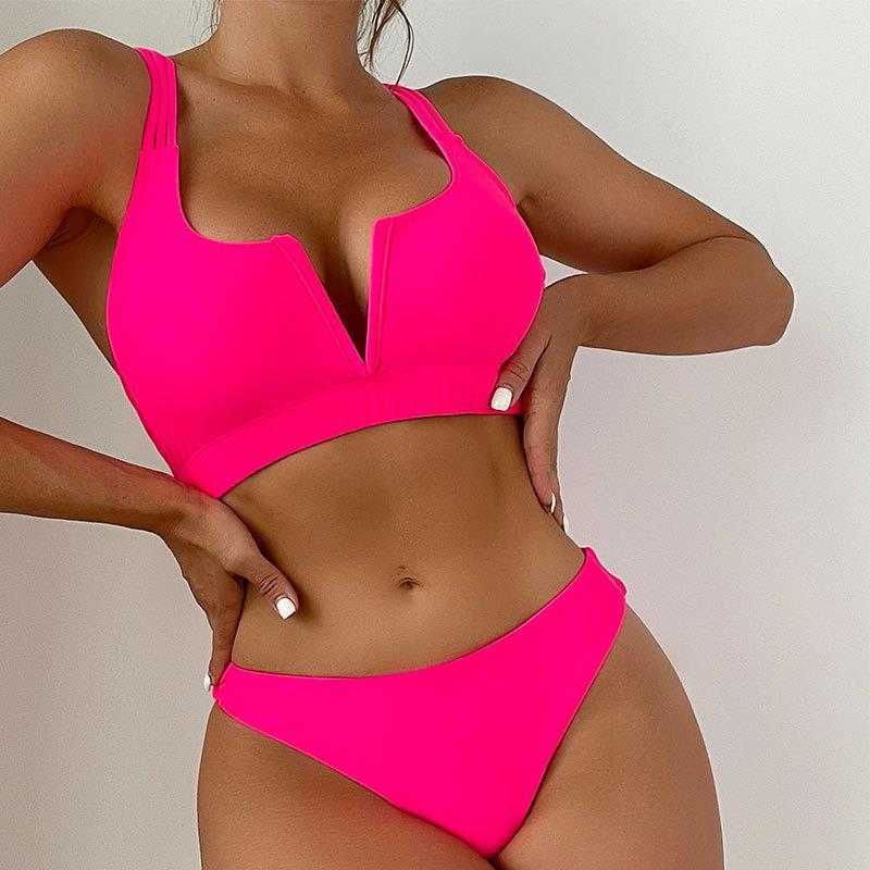 

Sexy High Waist Split Bikini Solid Color And V Neck Triangle Women, Glitter