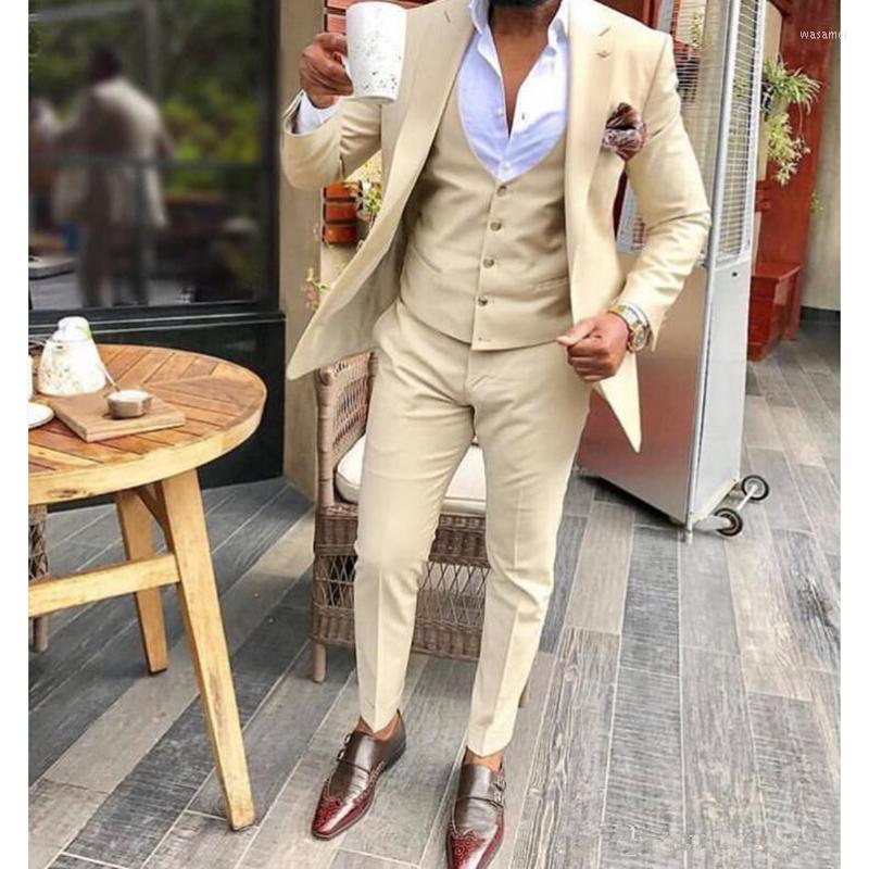 

Men's Suits Beige Groom Tuxedos Wedding Groomsmen Man For Young Prom Coupple Day (Jacket Pants Vest) Custom Made