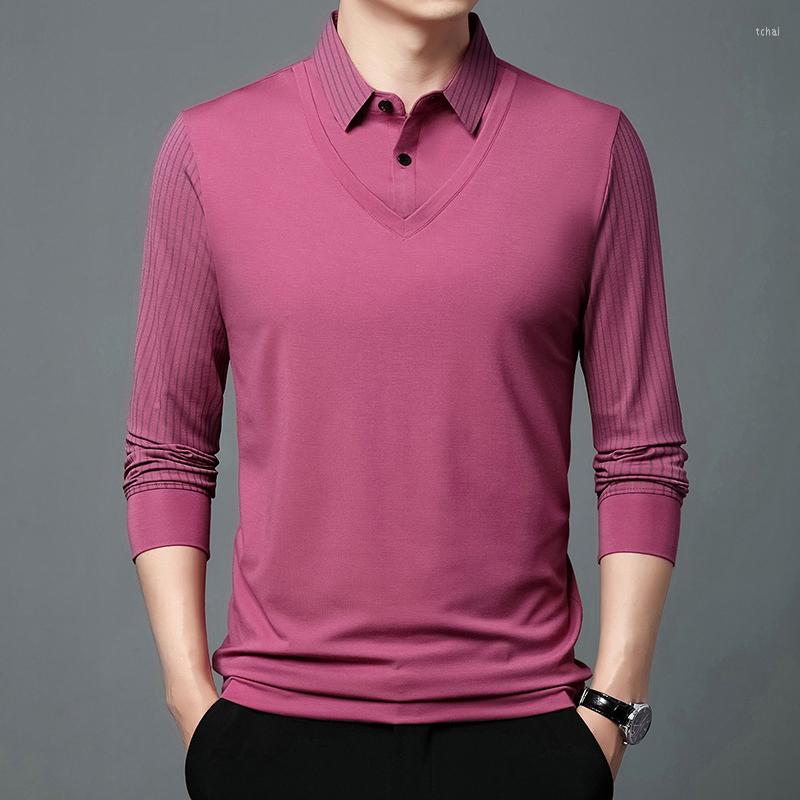 

Men's Casual Shirts 2023 Men Red Gray Blue Black Green Pink Fake 2PCS Tops Male Turn Down Collar Striped Long Sleeve Patchwork Shirt