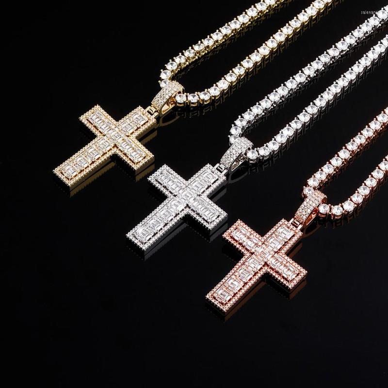 

Pendant Necklaces GUCY High Quality Baguette Cross Necklace With 4mm Tennis Chain Cubic Zircon Men's Women Hip Hop Rock Jewelry