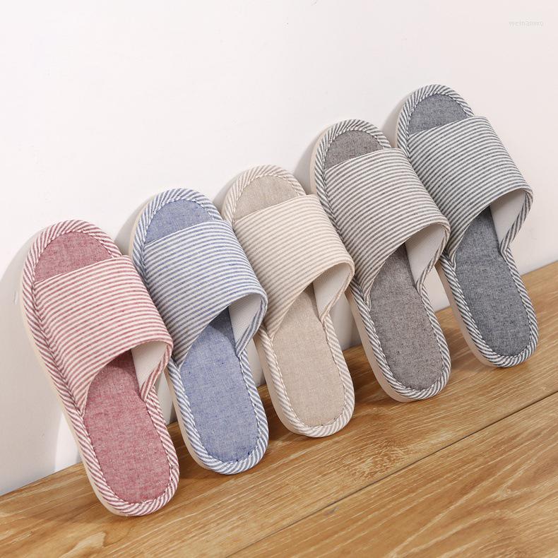 

Slippers Women Men Home Indoor Floor Soft Couple Linen Slipper Stripe Light Unisex Bedroom Shoes Ladies Flax Flip Flops, Blue