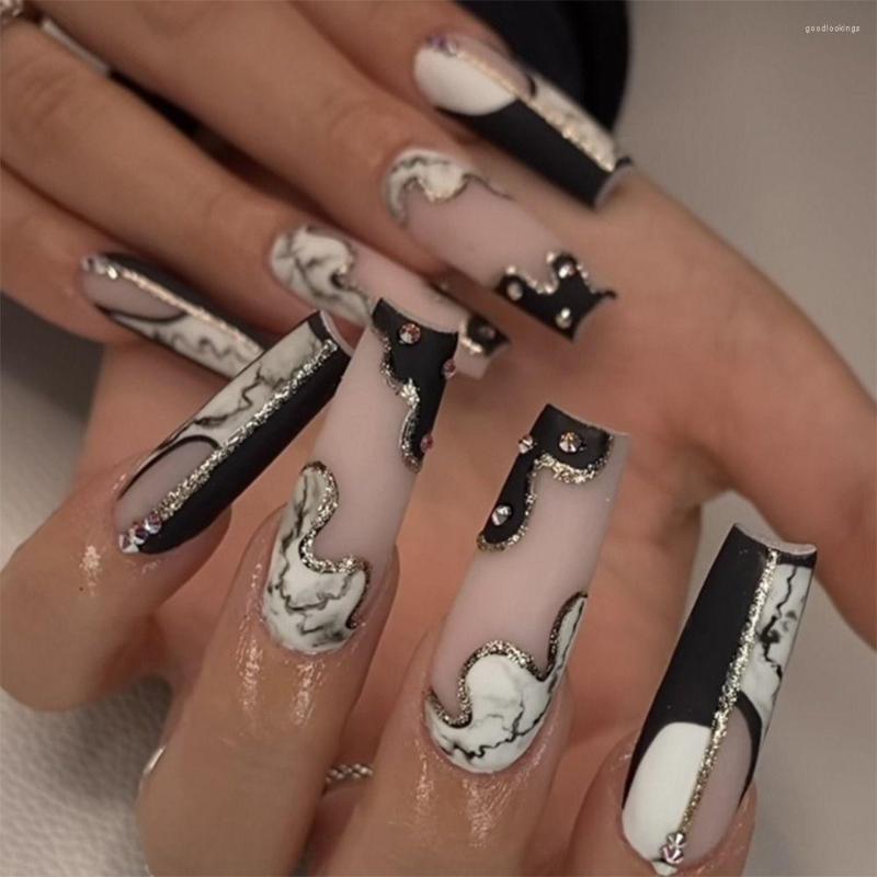 

False Nails 24pcs Silver Black White Line Long Ballerina French Detachable Full Cover Press On Nail Tips Manicure
