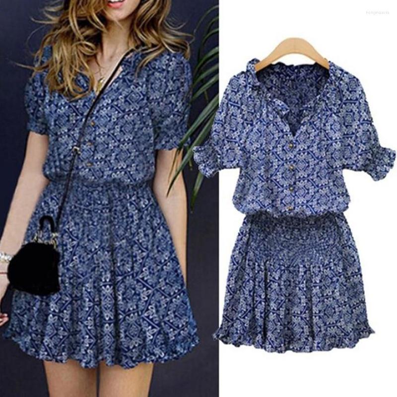 

Casual Dresses For Women 2023 Wedding Guest Plus Size Floral Print V-neckline Short Sleeve Mini Dress Elegant, Blue