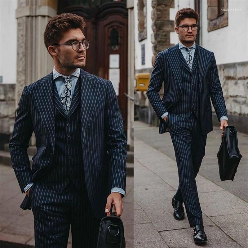 

Men's Suits 3-Piece Navy Pinstripe Men Custom Made Formal Tuxedos Party Prom Business Fit Slim Peaked Lapel Blazer Costumes Hommes, Black