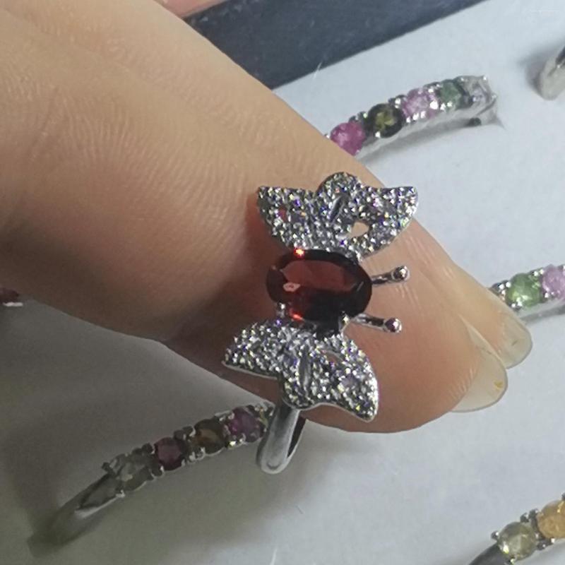 

Cluster Rings Natural Garnet Ring Butterfly Woman Ladies Jewelry 925 Silver Inlay Adjustable Size Anillos Mujer Bijoux Femme Gift Classic