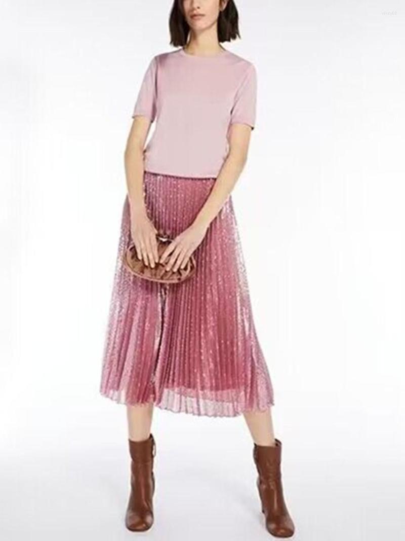 

Skirts 2023 Female Pink Sequin Pleated Midi Skirt Spring Summer Fashion Ladies Elastic High Waist Long Jupe