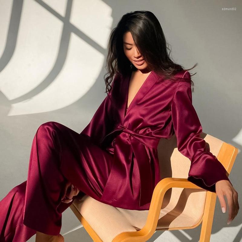 

Women' Sleepwear Satin Pajamas For Women French Style Skin-friendly Lace-up Cardigan Loose Solid Pants Home Clothes Nightwear Womens, White