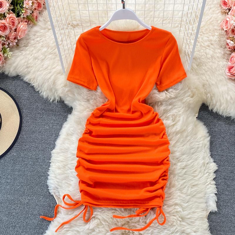 

Party Dresses Chic Drawstring Sheath Dress Short Sleeve Wrap Korean Fashion Slim Basic Vestidos Women Vintage Summer Casual Y2k, Orange