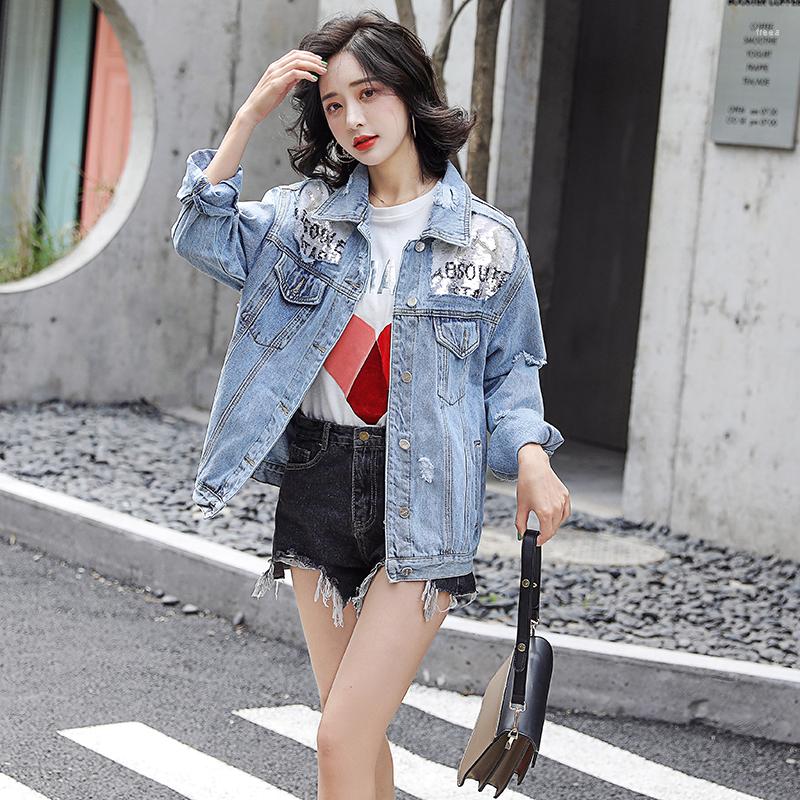 

Women' Jackets 2023 Autumn Denim Jacket Women Embroidery Korean Sequins Hole Oversize Coat Ropa De Mujer Chaquetas Para Jean, Light blue