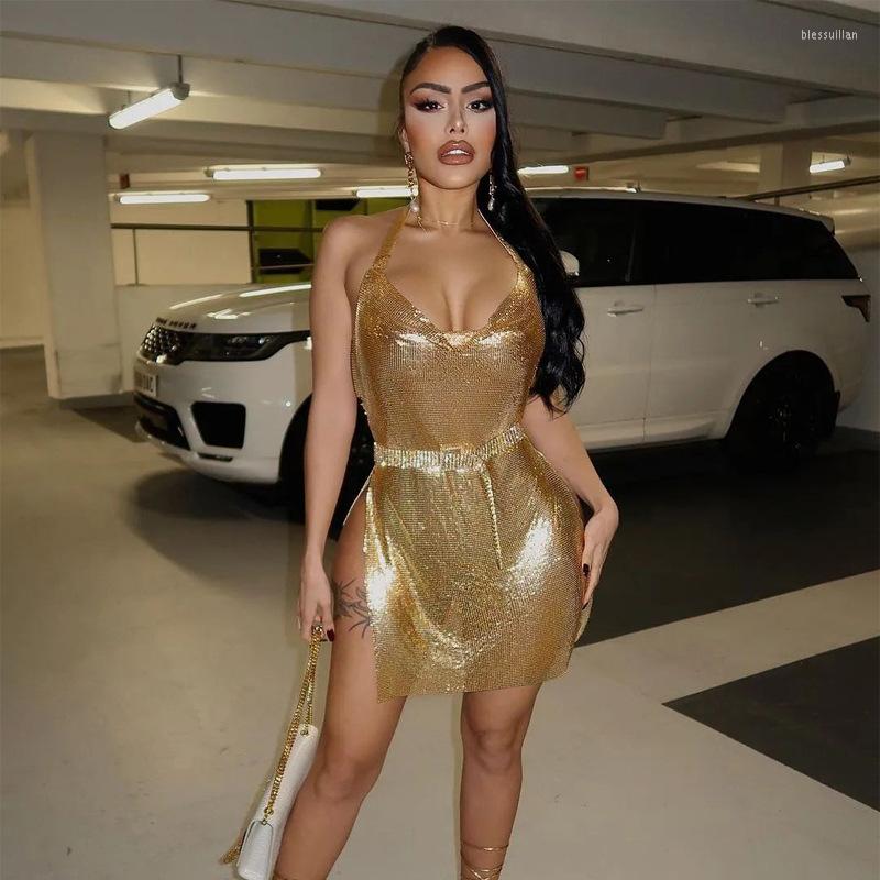 

Casual Dresses Gilding Mini Club Party Dress Women Sexy Draped V Neck Sleeveless Halter Backless Split Bodycon Vestidos Hipster Y2K Clothes, Black