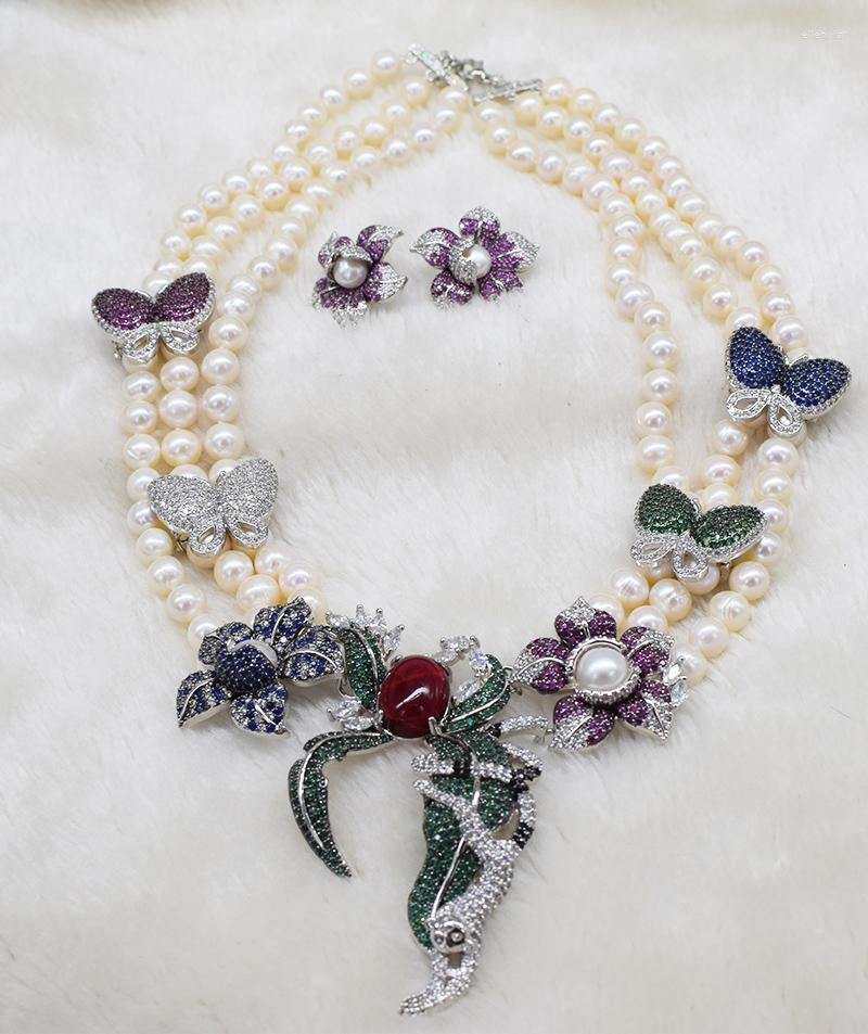 

Chains 3rows White Freshwater Pearl ZC Pendant Roundnecklace EARRINGS 18-20inch Nature Wholesale FPPJ