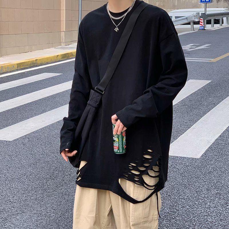 

Men's T Shirts Ripped Long-sleeved T-shirt Men Women Oversized T-shirts 2023 Spring Korean Fashion High Street Style Retro Casual Loose Top, Black