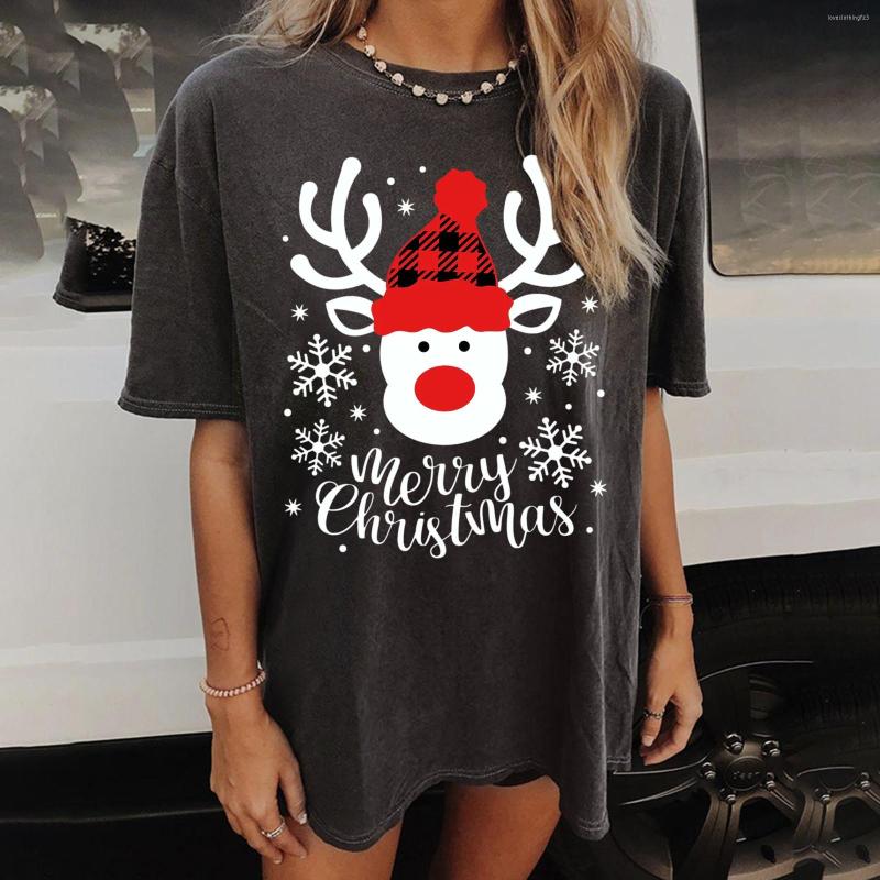 

Women' T Shirts Merry Christmas Shirt Women Clothing Casual Short Sleeve Plaid Deer Print Loose Top Tunic Female Clothes