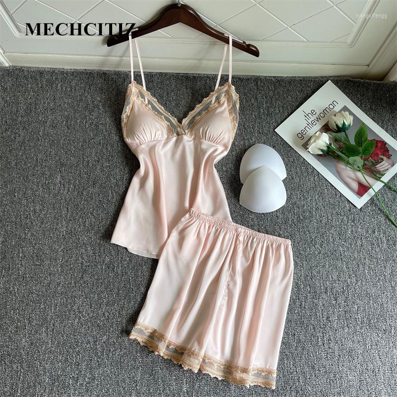 

Women's Sleepwear MECHCITIZ Sexy Spaghetti Strap Lace Pajamas Set Sleeveless Pyjamas Shorts Pijamas Home Suit Women Nighties, Coral red