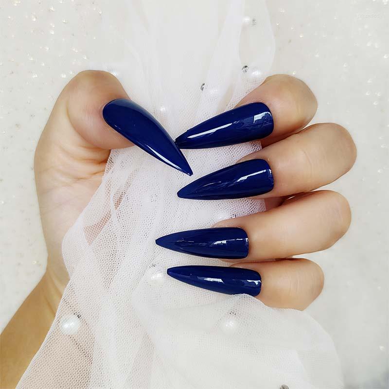 

False Nails With Designs 20Pcs Glossy Wearable Nail Royal Blue Tips Design For Girl Press On J16, J14