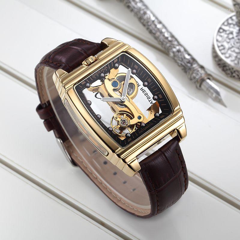 

Wristwatches Fashion Vintage Men Wrist Transparent Skeleton Mechanical Automatic Watch SHENHUA Waterproof Men's Reloj Hombre, Brown