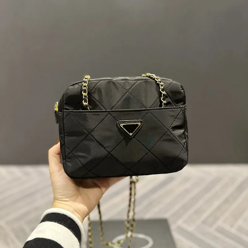 

Nylon Camera Bag Double Chain Crossbody Bags Women Small Handbag Purse Fashion Metal Triangle Zipper Wallet Inside Pocket Golden Hardware, Black