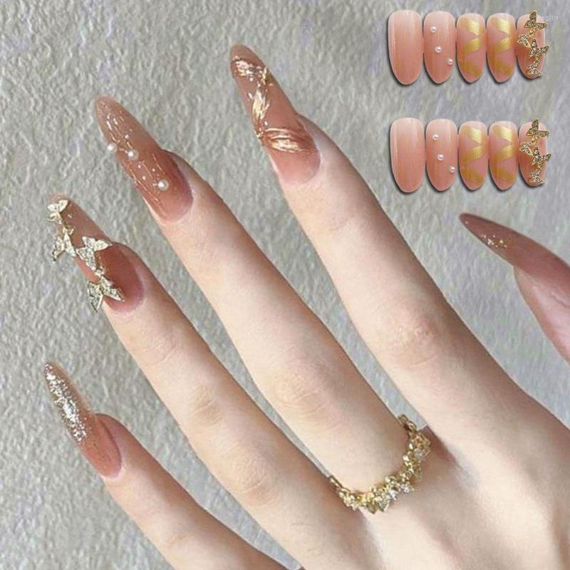 

False Nails 24pcs Detachable Gold Butterfly DIY Press On Fake French Almond Long, Z-312