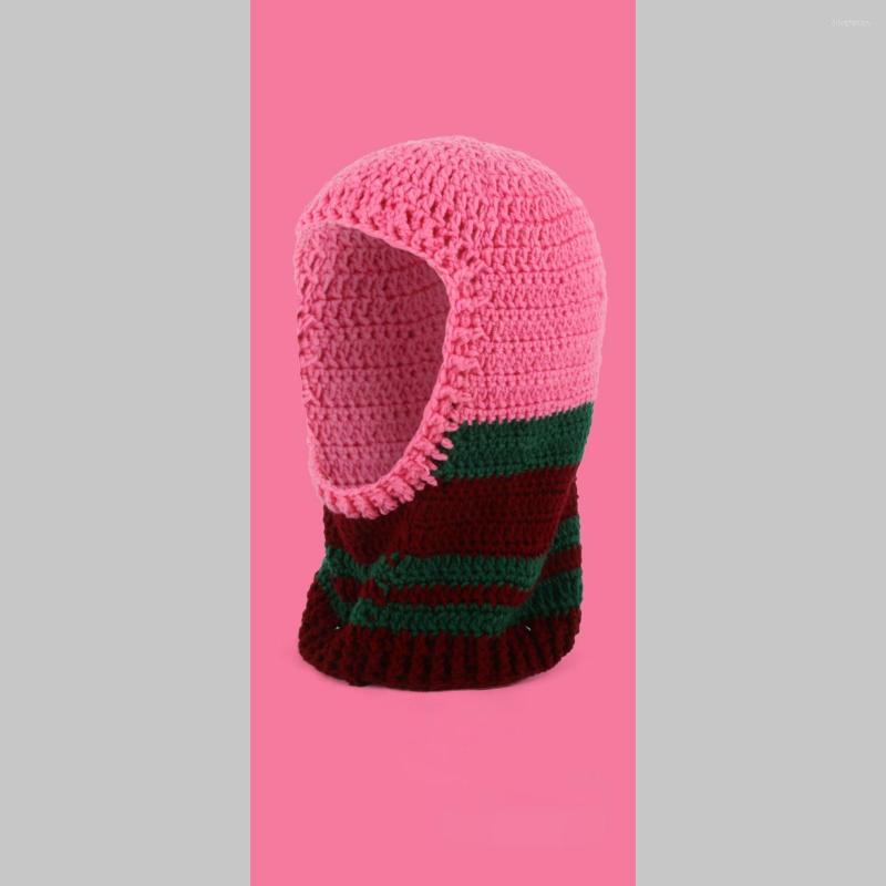 

Berets Korean Open Face Balaclava Beanie For Women's Contrast Ski Hat Handmade Crochet Bonnet Winter Warm Scarf One Piece Hood, Blue