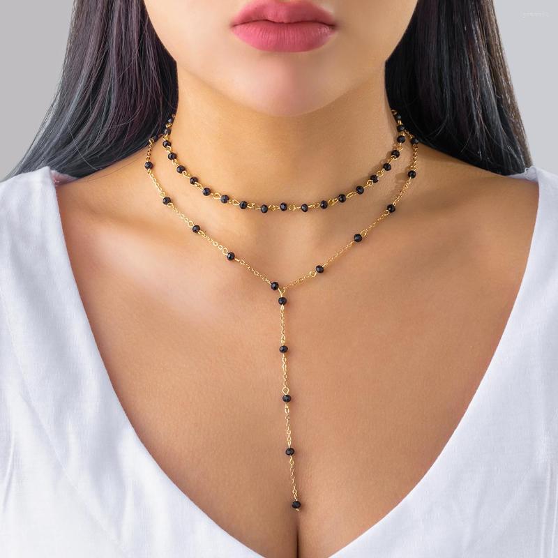 

Choker PuRui Classic Double Layers Tiny Crystal Beads Necklace Women's Jewelry Long Tassel Chest Chain Party Wedding Collar
