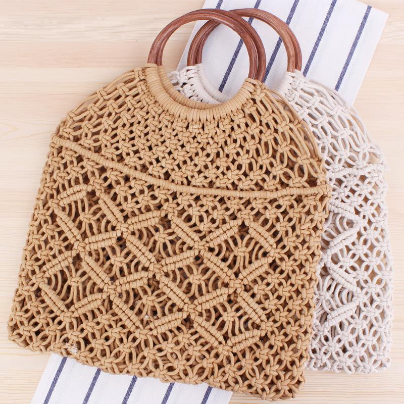 

Evening Bags Pure Color Woven Tote Trendy Female Mori Style Straw Degrees Handmade Cotton String Net Pocket Beach Bag, White