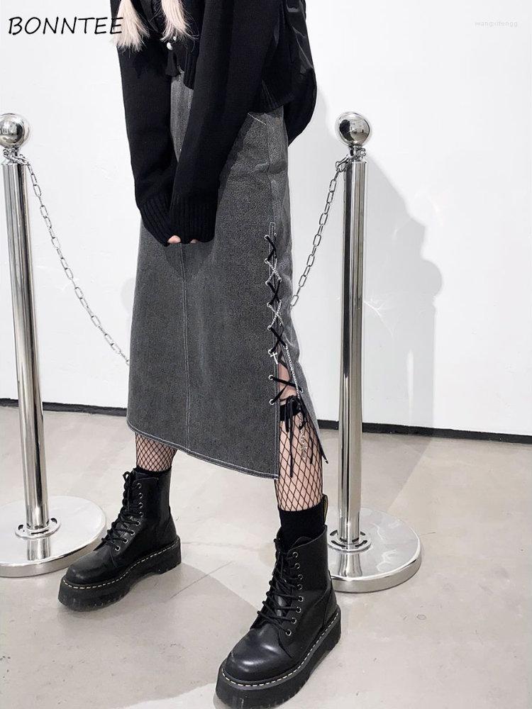 

Skirts Women Vintage Design Side-slit Mid-calf Spring Arrival Korean Style All-match High Waist Denim Bandage Clothing Mujer, Gray