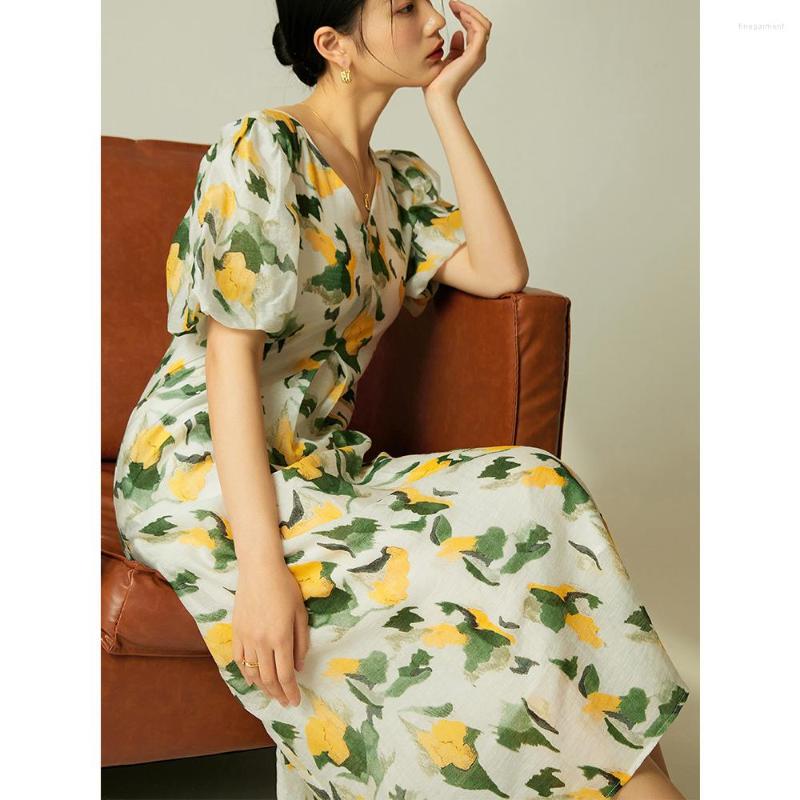 

Women' Two Piece Pants 2023 Spring And Summer French Double V-Neck Lantern Sleeve Dress For Women Slim Wash Print Long, Yellow