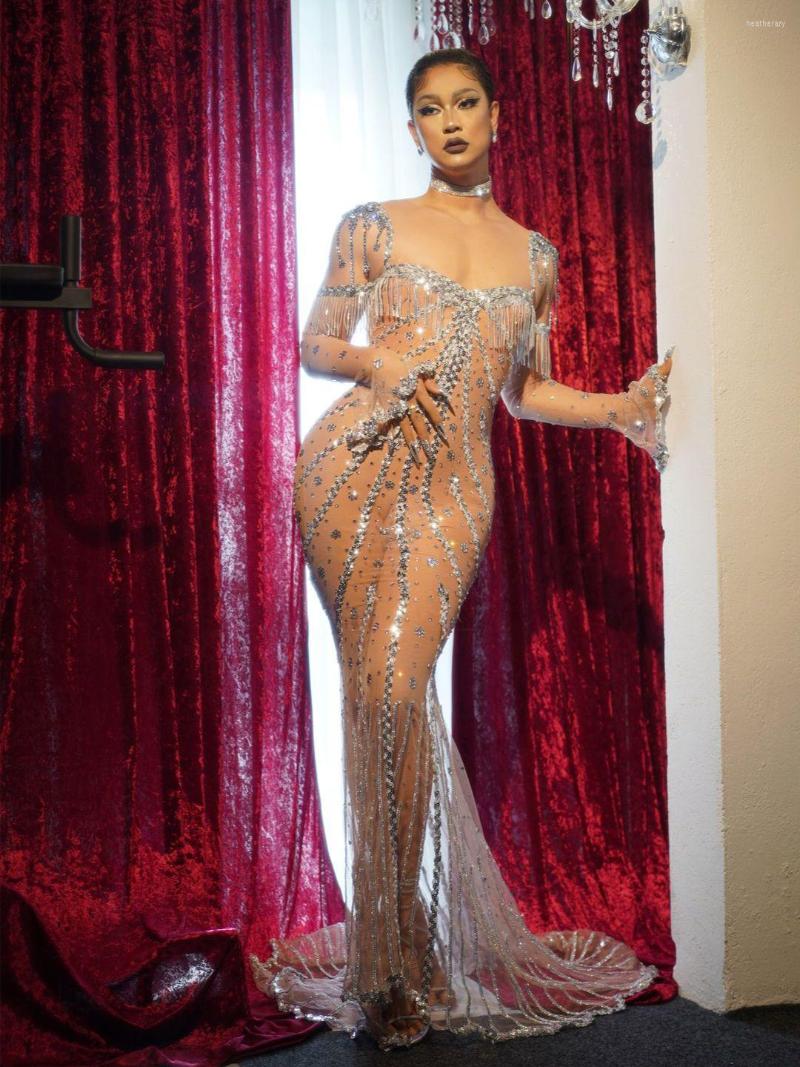 

Stage Wear Shining Rhinestones Sexy Luxurious Fishtail Long Dress Transparent Mesh Tassel Sleeve Party Performance Costume, Multi