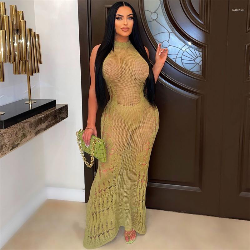 

Casual Dresses Hand Crochet Knitted Maxi Beach Dress 2023 Summer Women Sexy Hollow Out O Neck Sleeveless Holiday Cover Ups Long Club Party, Black