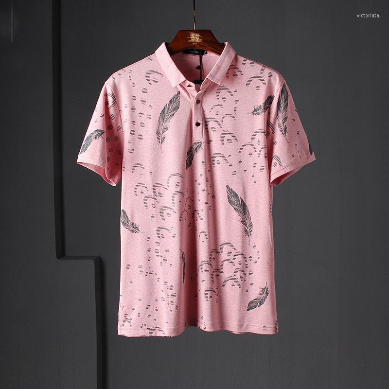 

Men' Polos Pink Feather Print Classic Men Polo Shirt, 92g0956