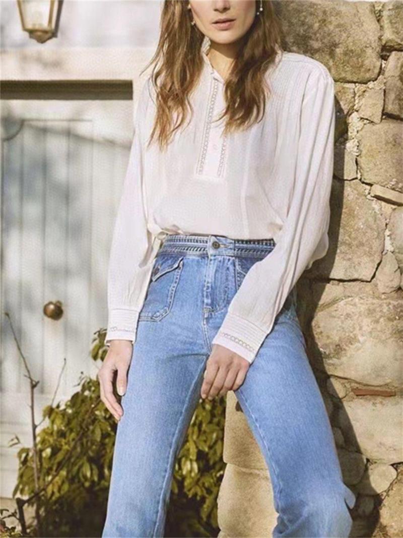 

Women' Blouses Lace Stitching Women Pleated Shirt Vintage Age Reducing O-neck Front Buttons 2 Colors Female Spring Summer 2023, Blue