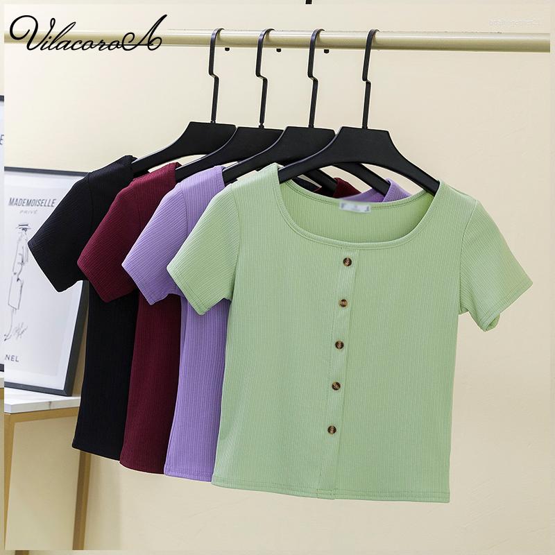 

Women' T Shirts Vilacoroa Green T-Shirt Female Clothes Summer Short Sleeve Tees Vintage Button Slim Shirt Basic Crop Top Women Tshirt, Black