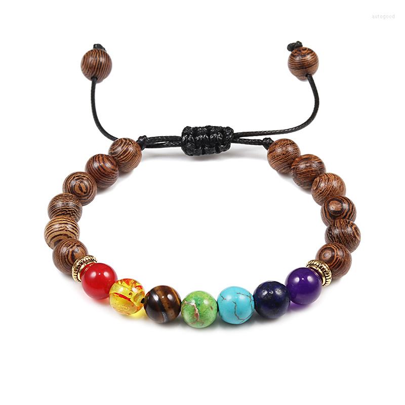 

Strand Men Natural Wood Beads Bracelets Onyx Meditation Prayer Bead 7 Chakra & Bangles Women Wooden Yoga Jewelry Pulseira