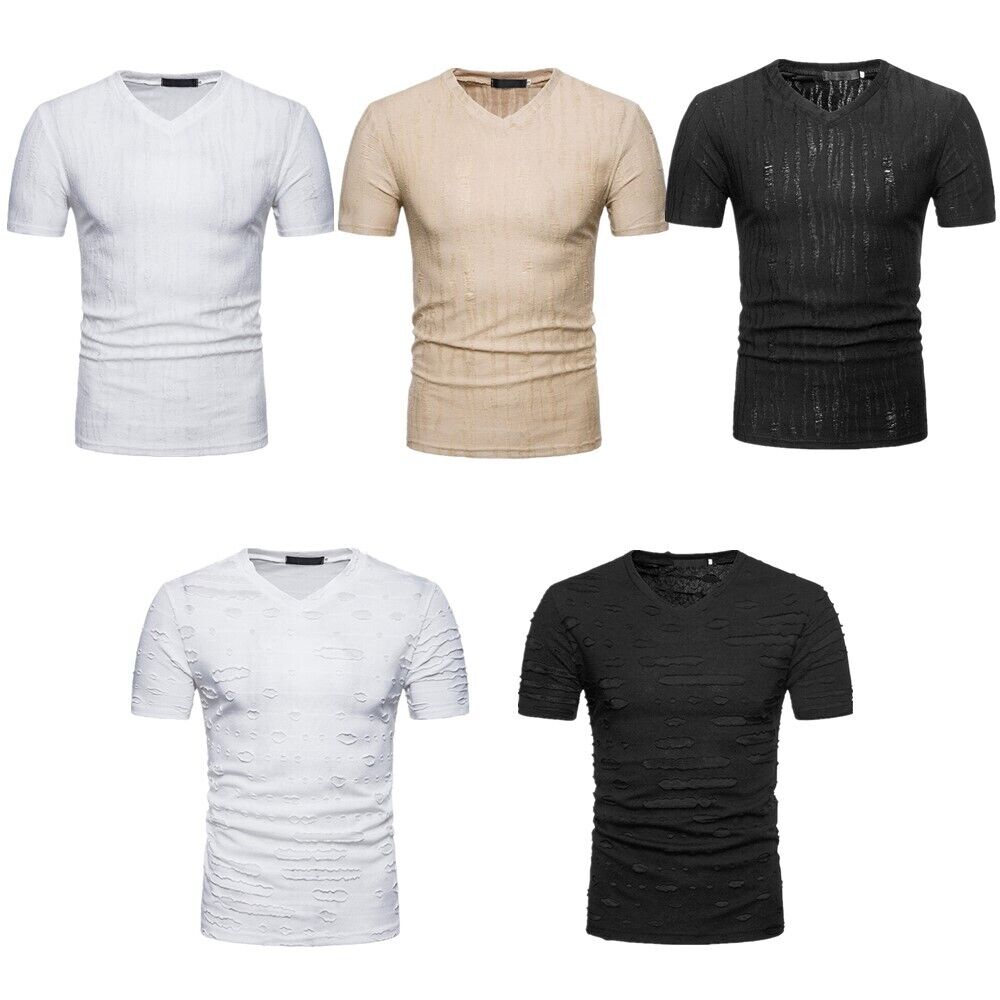 

Mens Fashion V Neck T-shirt Short Sleeve Slim Fit Ripped Stripe Tops Summer, Black