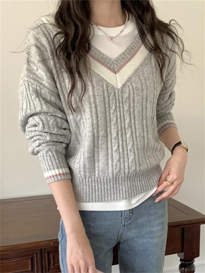 

Women's Sweaters Alien Kitty V-Neck Women Full Sleeve Autumn Chic Loose 2023 Office Lady Streetwear All Match Knitted, Grey